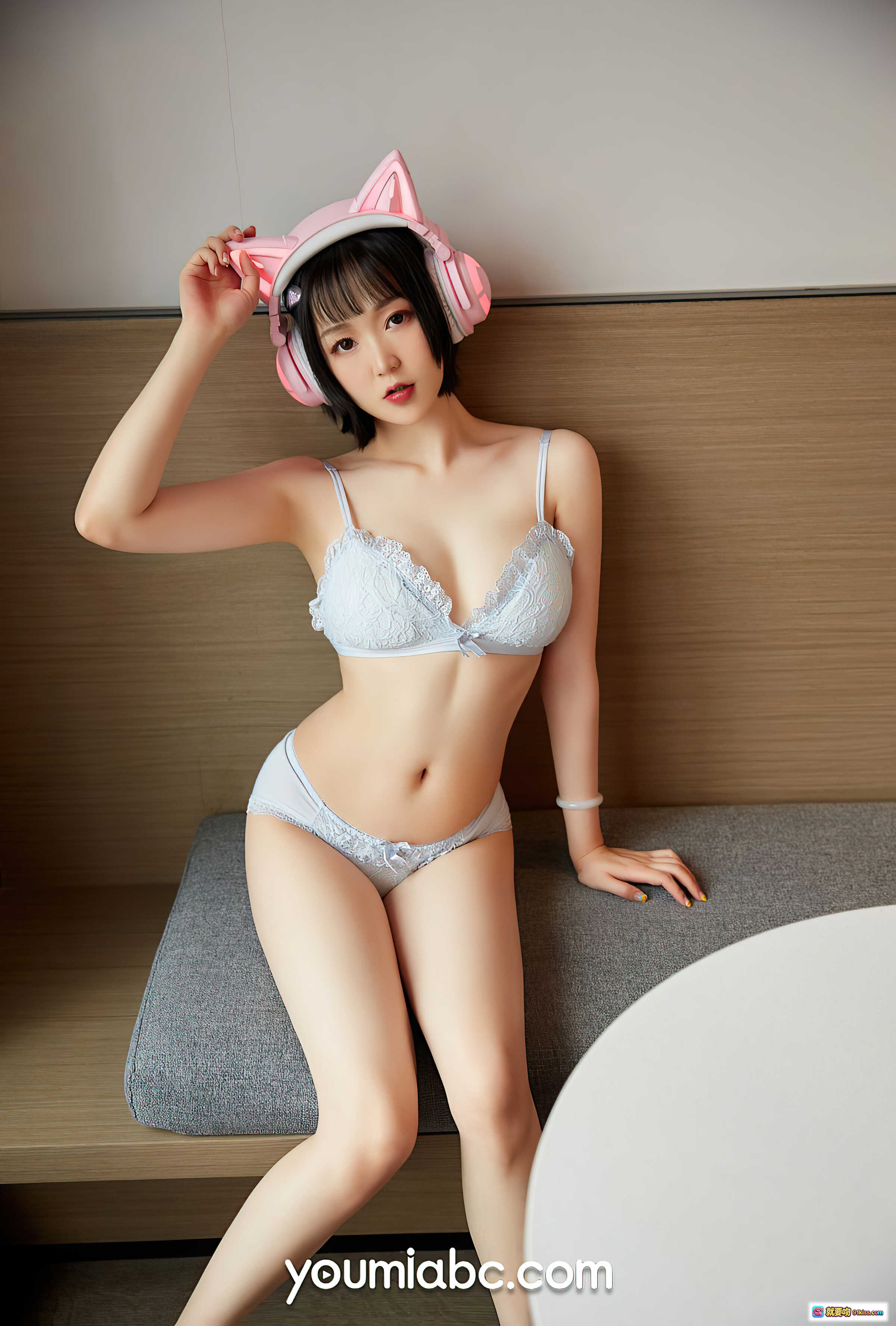 图片[10] - 龙女宝宝AI女友写真｜粉色猫耳耳机+白色蕾丝内衣｜YouMi尤蜜2021.07.16性感私房照 - 就要吻