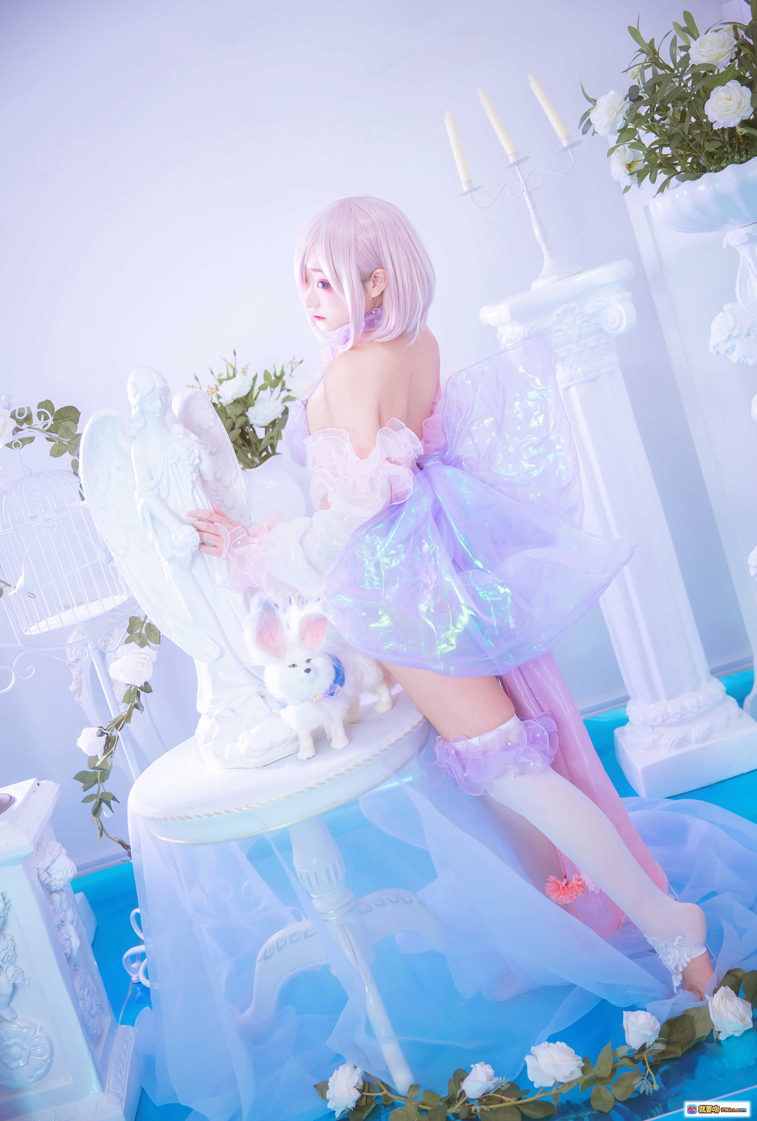 图片[2] - 恩田直幸NO.004玛修同人Cosplay写真｜粉紫梦幻天使装｜蕾丝长袜白兔装饰｜浪漫花环场景｜精致少女风摄影 - 就要吻