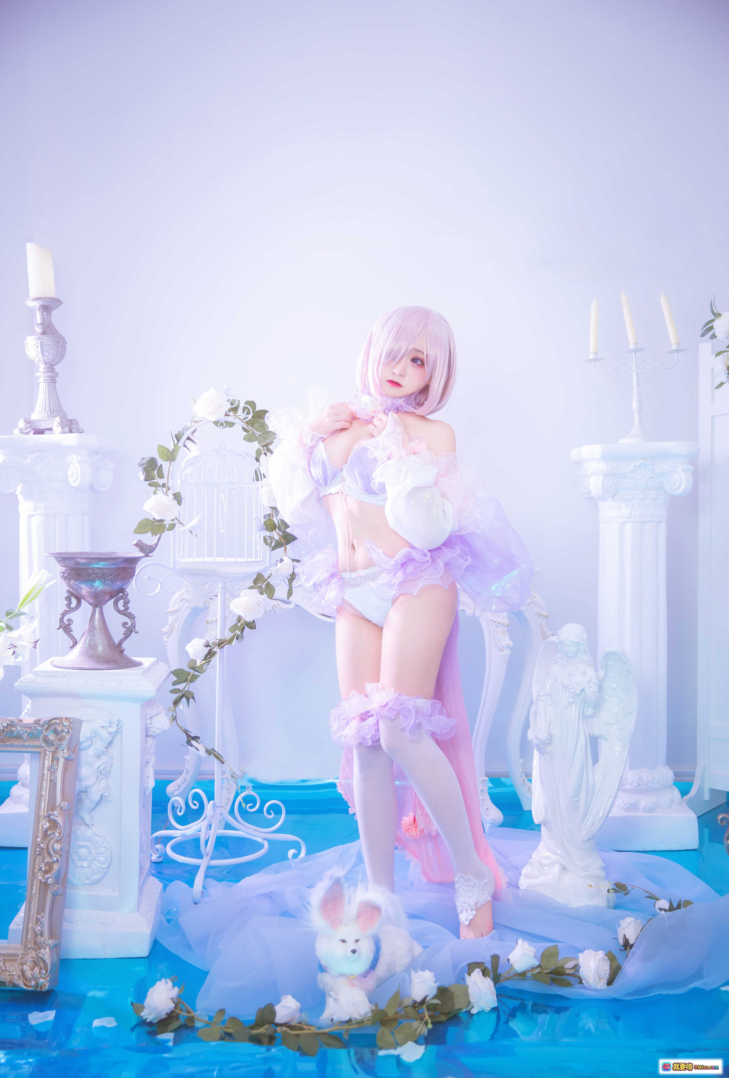 图片[3] - 恩田直幸NO.004玛修同人Cosplay写真｜粉紫梦幻天使装｜蕾丝长袜白兔装饰｜浪漫花环场景｜精致少女风摄影 - 就要吻