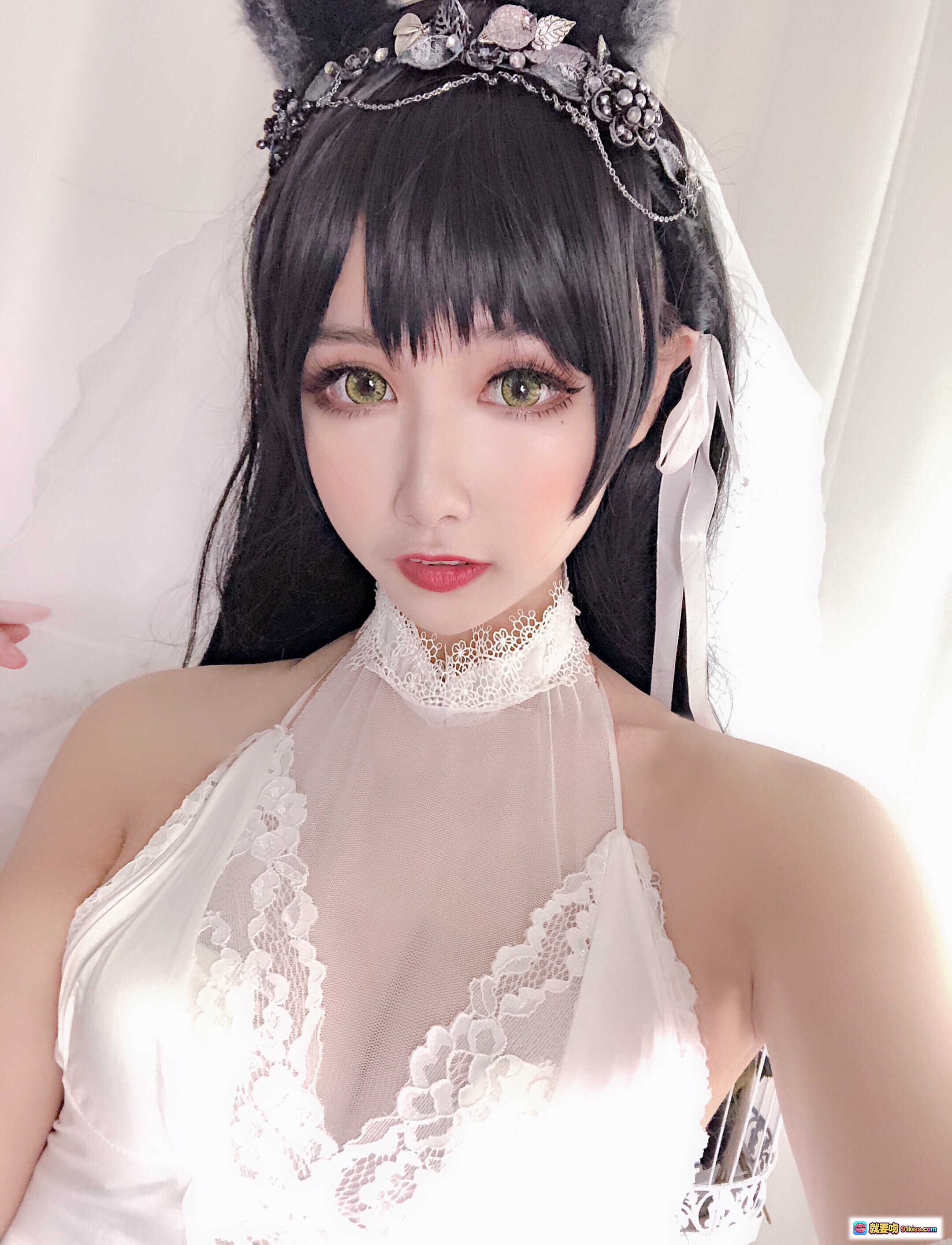 图片[10] - Momoko葵葵 NO.004 爱宕 白色蕾丝婚纱造型 黑发绿瞳 精致头饰 甜美性感写真 26P - 就要吻