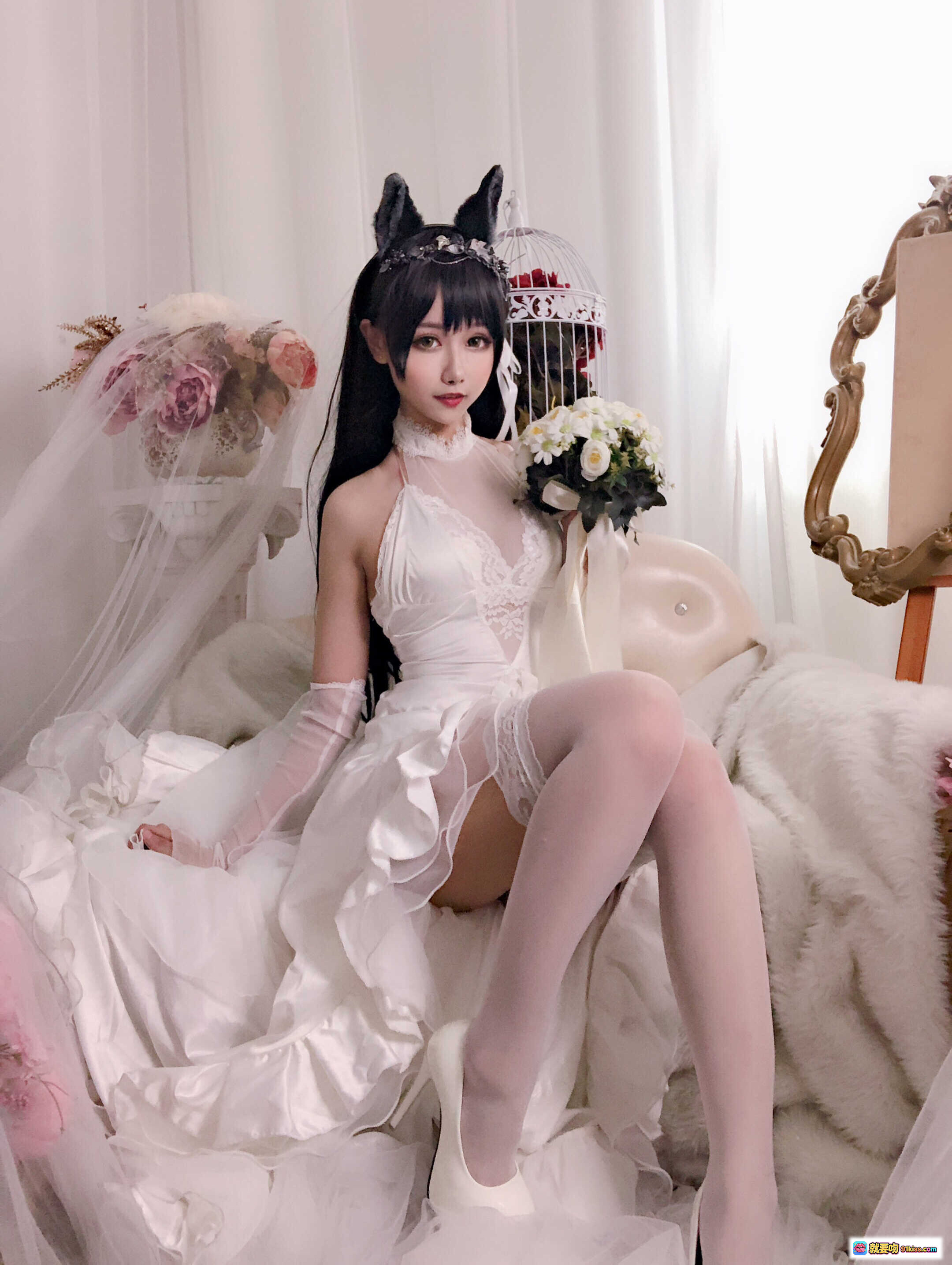 图片[4] - Momoko葵葵 NO.004 爱宕 白色蕾丝婚纱造型 黑发绿瞳 精致头饰 甜美性感写真 26P - 就要吻