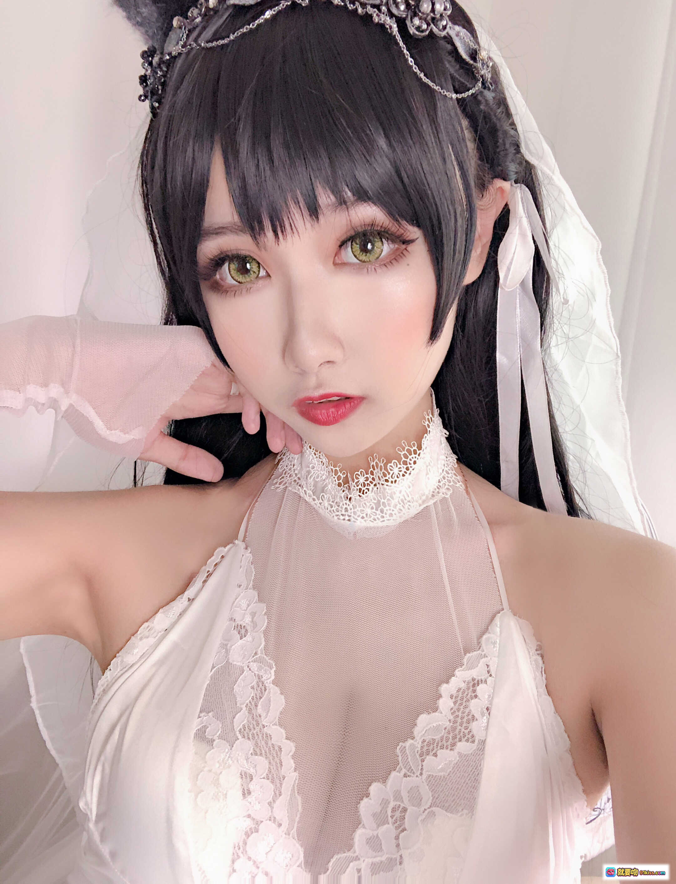 图片[9] - Momoko葵葵 NO.004 爱宕 白色蕾丝婚纱造型 黑发绿瞳 精致头饰 甜美性感写真 26P - 就要吻