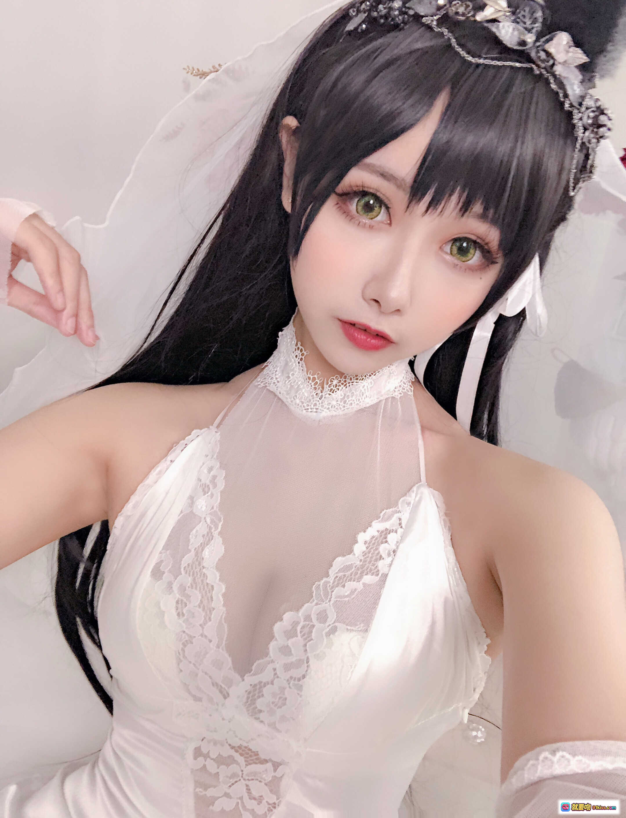 图片[6] - Momoko葵葵 NO.004 爱宕 白色蕾丝婚纱造型 黑发绿瞳 精致头饰 甜美性感写真 26P - 就要吻