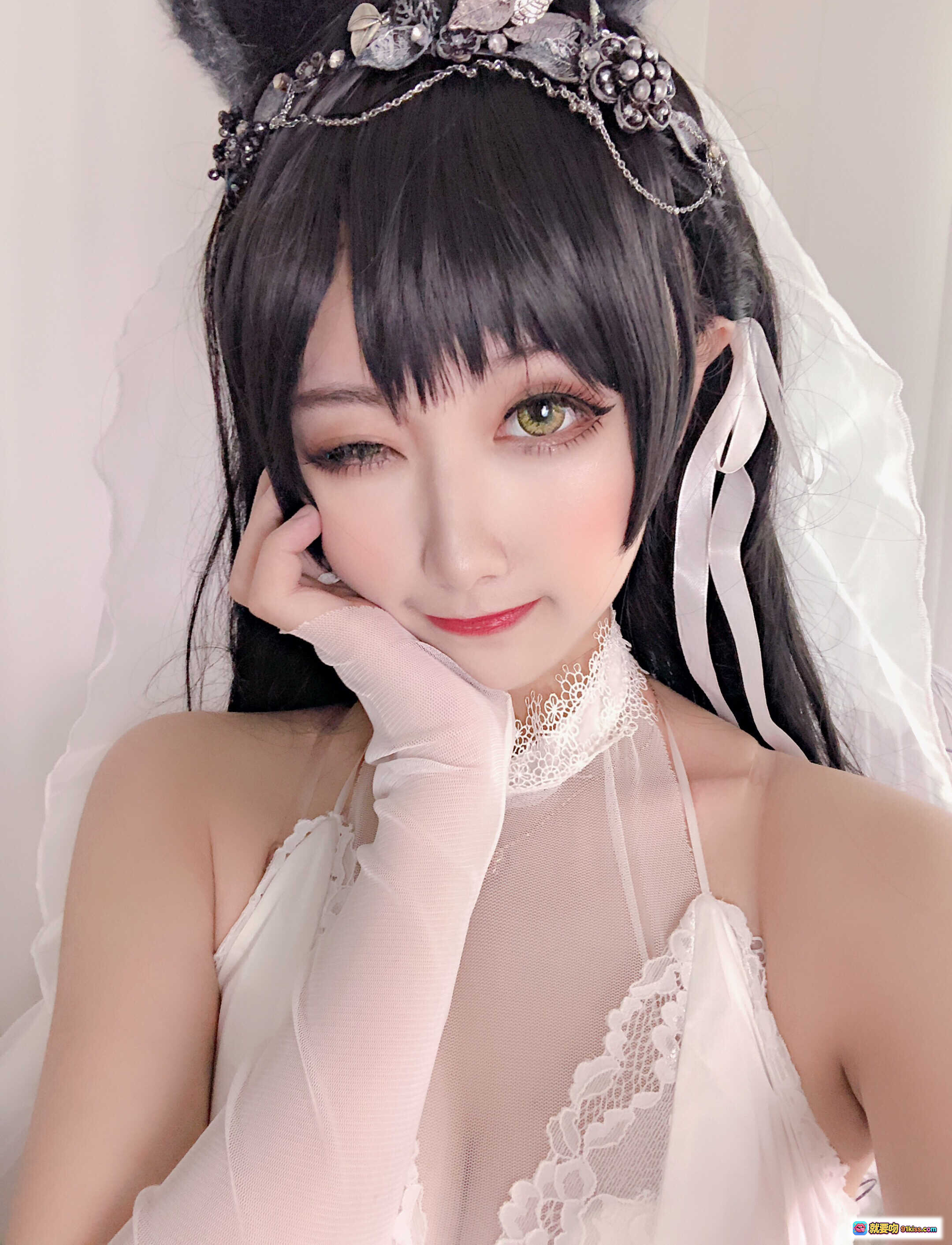 图片[5] - Momoko葵葵 NO.004 爱宕 白色蕾丝婚纱造型 黑发绿瞳 精致头饰 甜美性感写真 26P - 就要吻