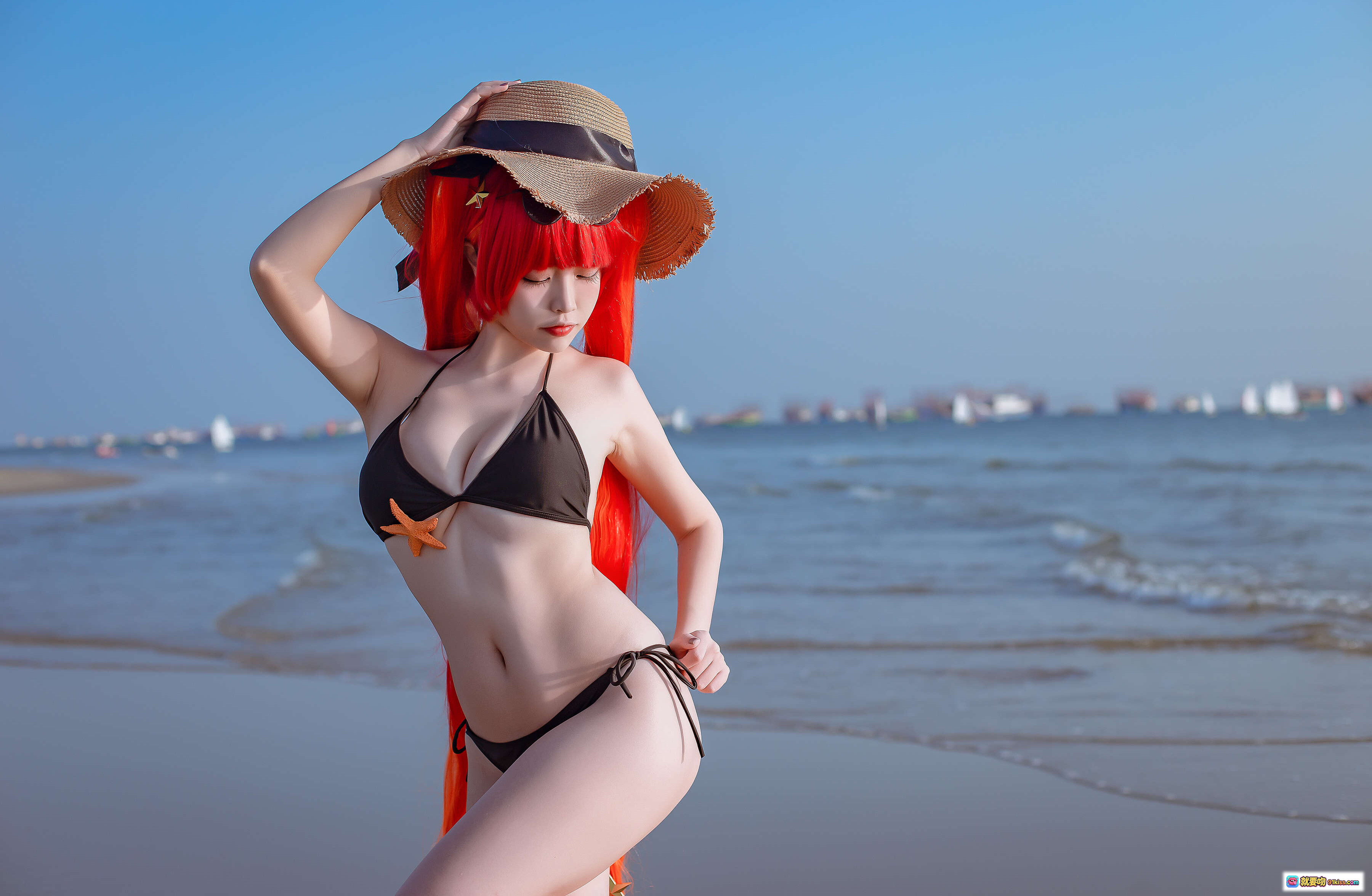 图片[10] - 二佐Nisa NO.113 碧蓝航线 火奴鲁鲁泳装cosplay 海滩写真 红发比基尼 草帽星形装饰 沙滩海景日系动漫角色扮演 - 就要吻
