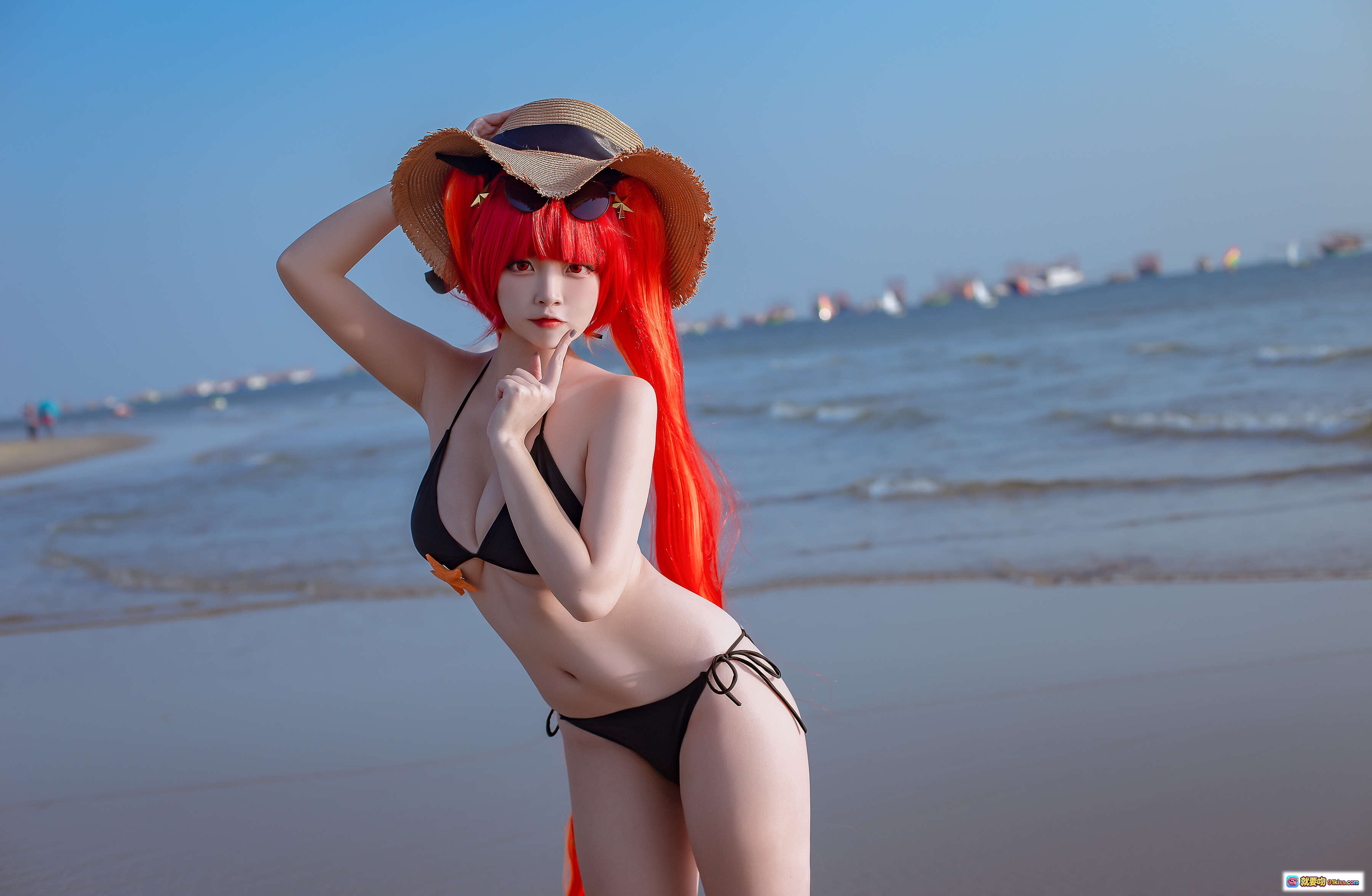 图片[7] - 二佐Nisa NO.113 碧蓝航线 火奴鲁鲁泳装cosplay 海滩写真 红发比基尼 草帽星形装饰 沙滩海景日系动漫角色扮演 - 就要吻