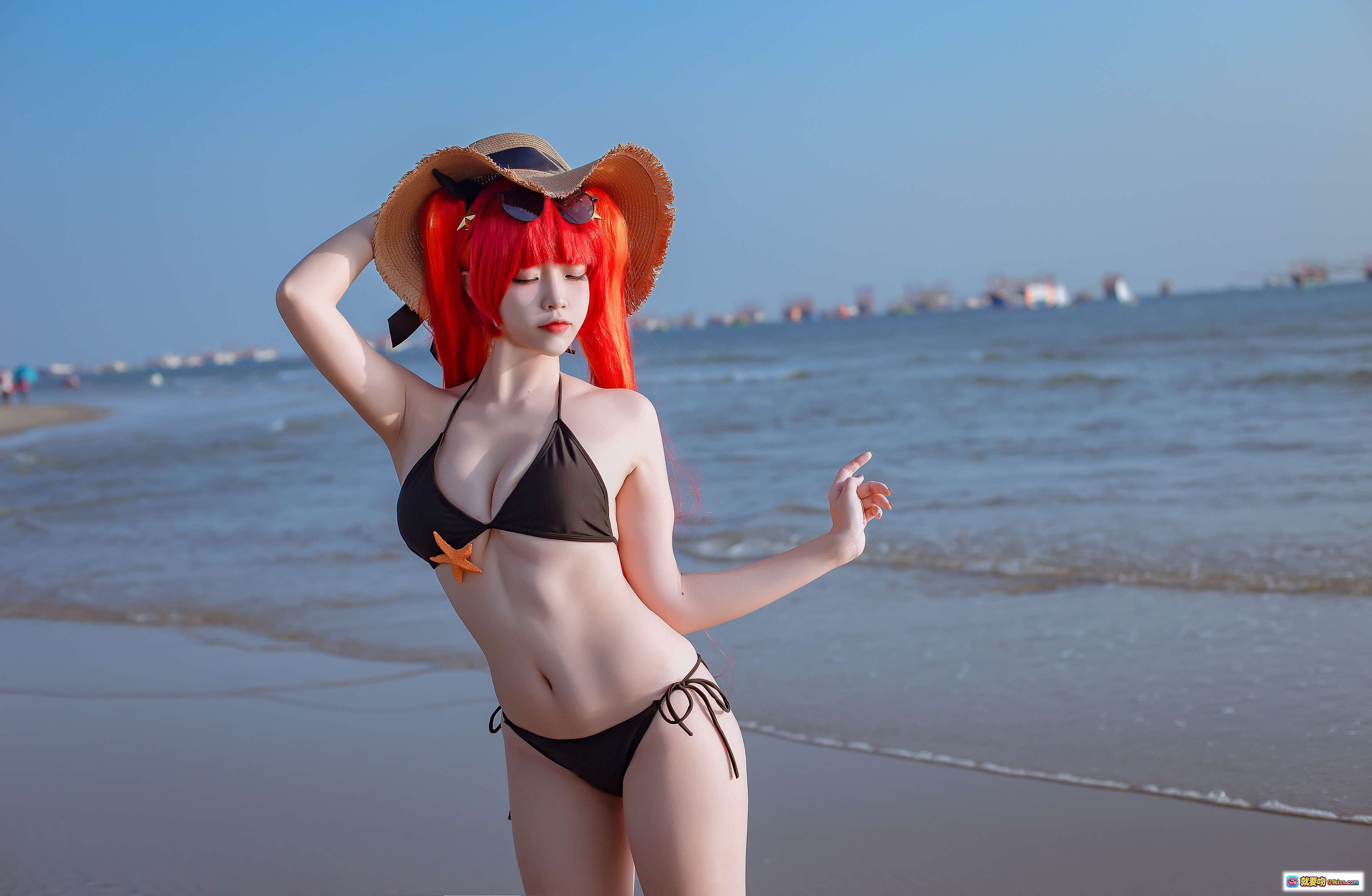 图片[5] - 二佐Nisa NO.113 碧蓝航线 火奴鲁鲁泳装cosplay 海滩写真 红发比基尼 草帽星形装饰 沙滩海景日系动漫角色扮演 - 就要吻