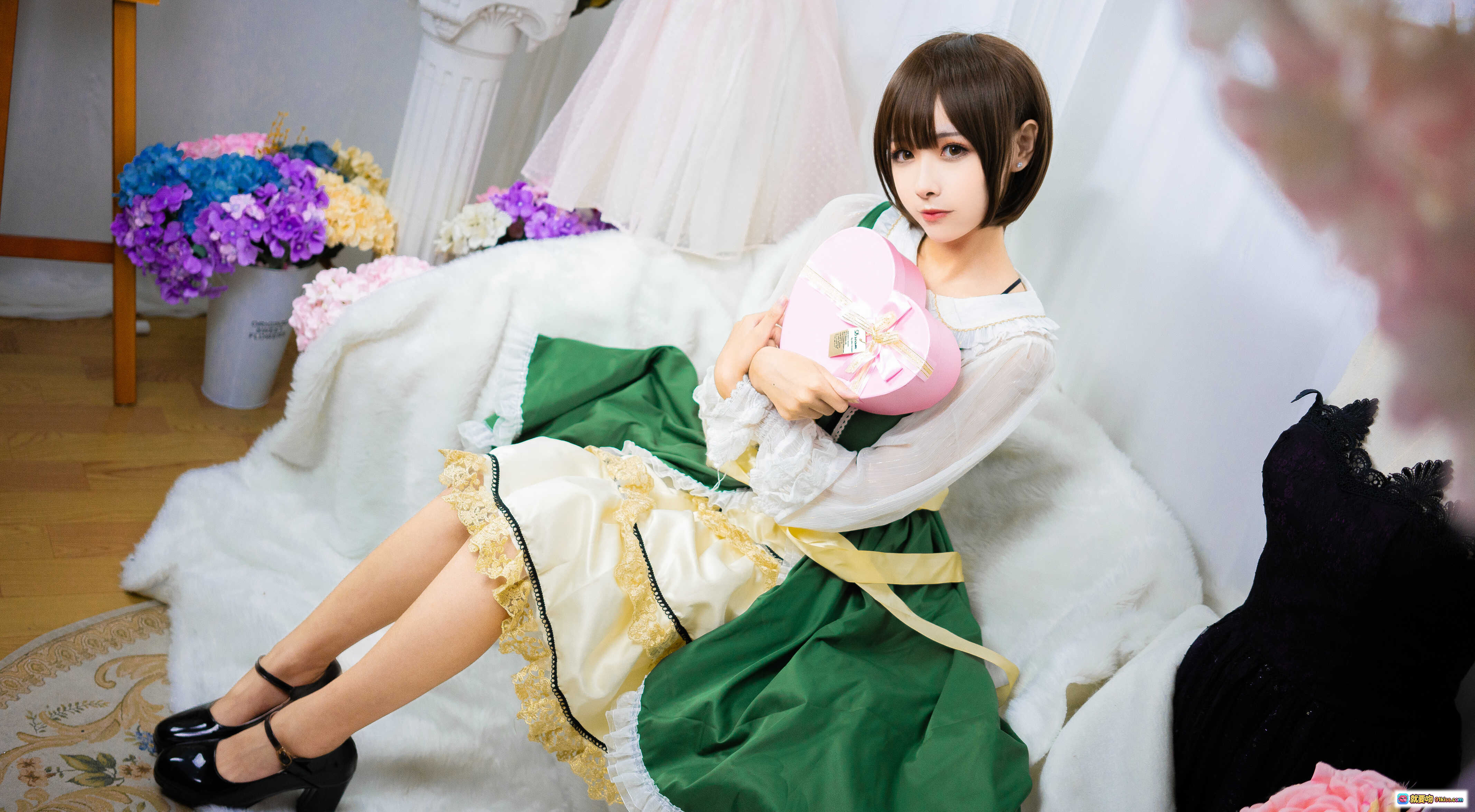 图片[3] - Momoko葵葵 NO.003 陆乃 绿白洛丽塔裙装 花篮鲜花 甜美少女写真 摄影棚布景 10P高清图集 - 就要吻