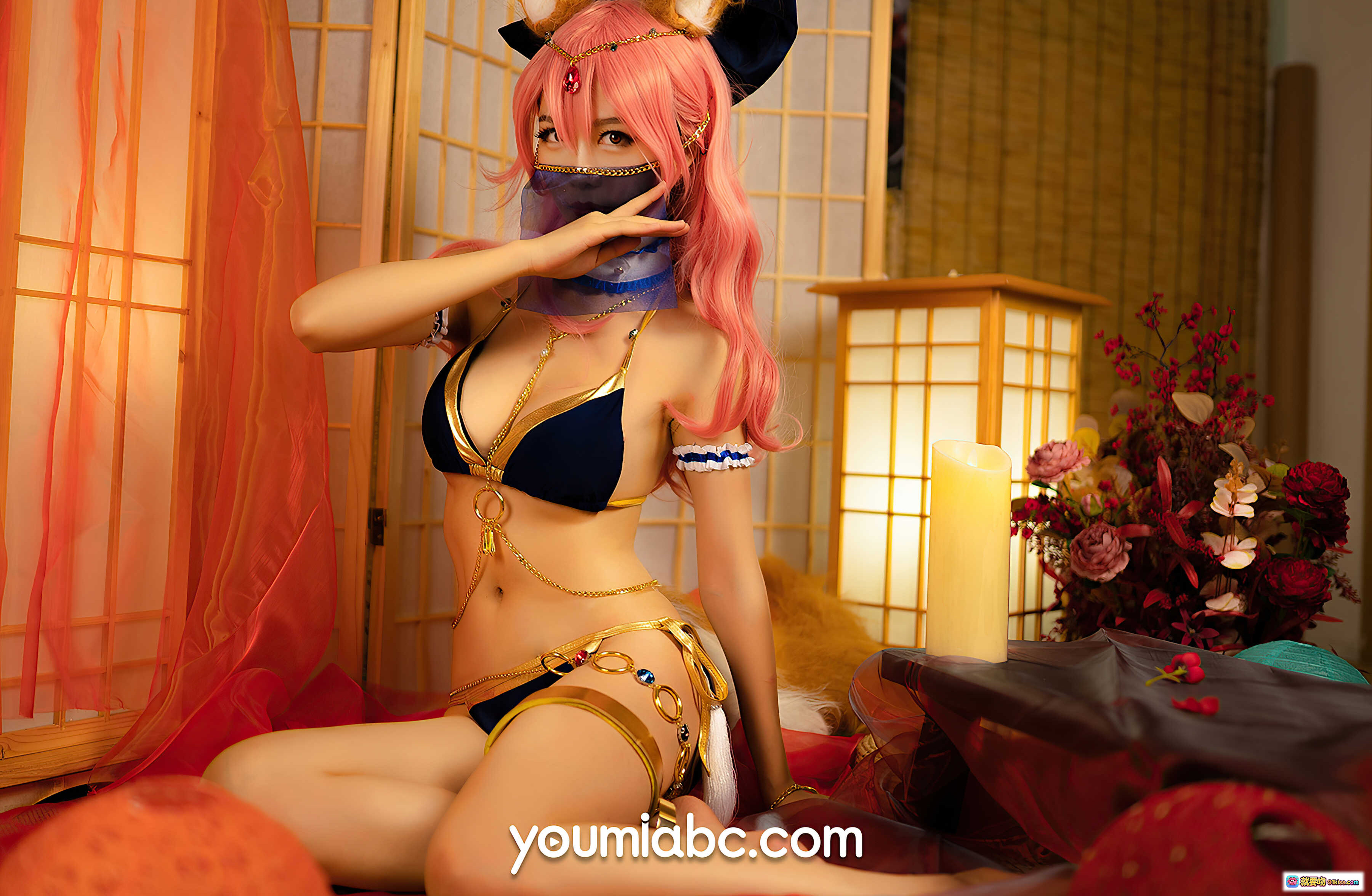 图片[1] - YouMi尤蜜舞娘玉藻前cos写真 2021.04.06 粉发猫耳性感比基尼 日式和风场景 17P高清图集 - 就要吻