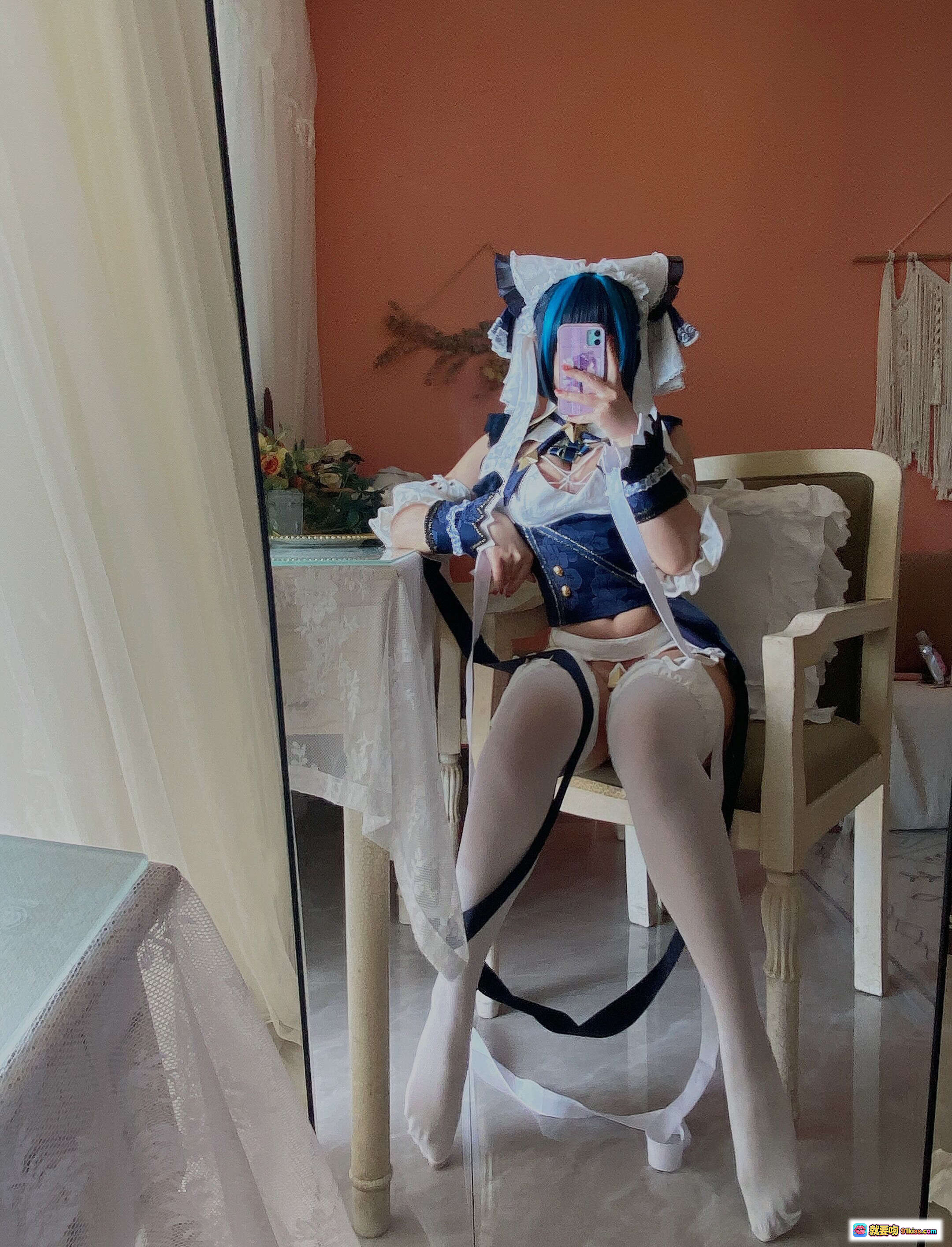 图片[10] - 九曲Jean NO.052 柴郡自拍 cosplay 精致女仆装 蓝黑双色假发 白丝蕾丝边 优雅坐姿 20P高清图集 - 就要吻