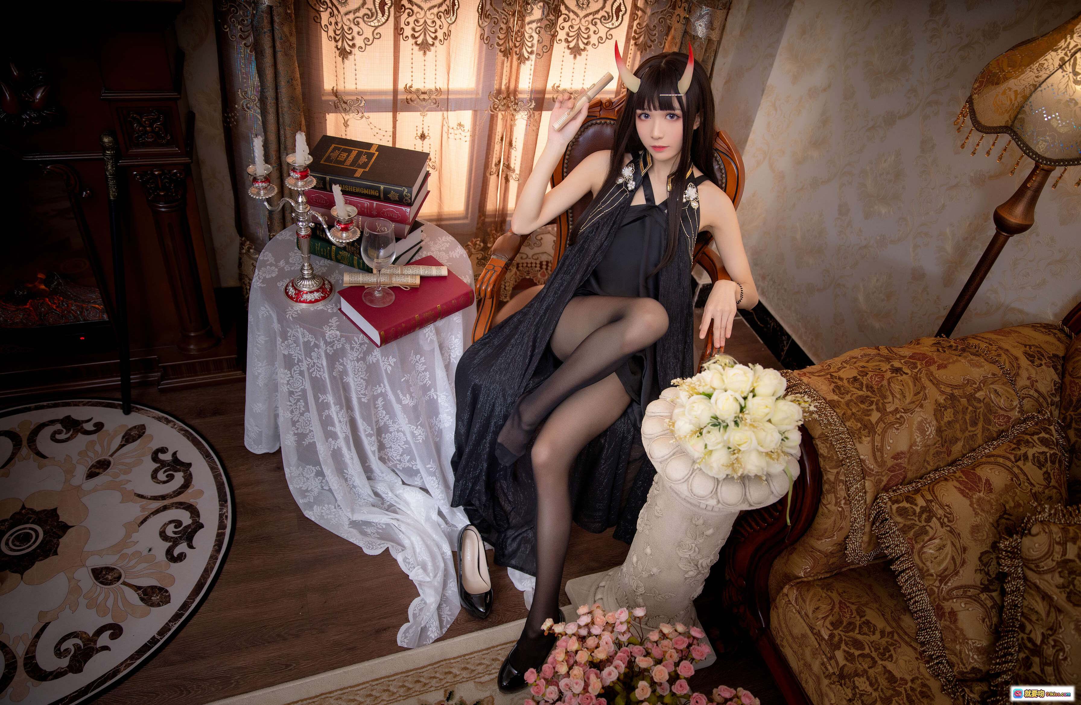 图片[3] - Tomoyo酱NO.002碧蓝能代礼服Cosplay 黑丝高跟恶魔角优雅坐姿复古沙发写真12P - 就要吻