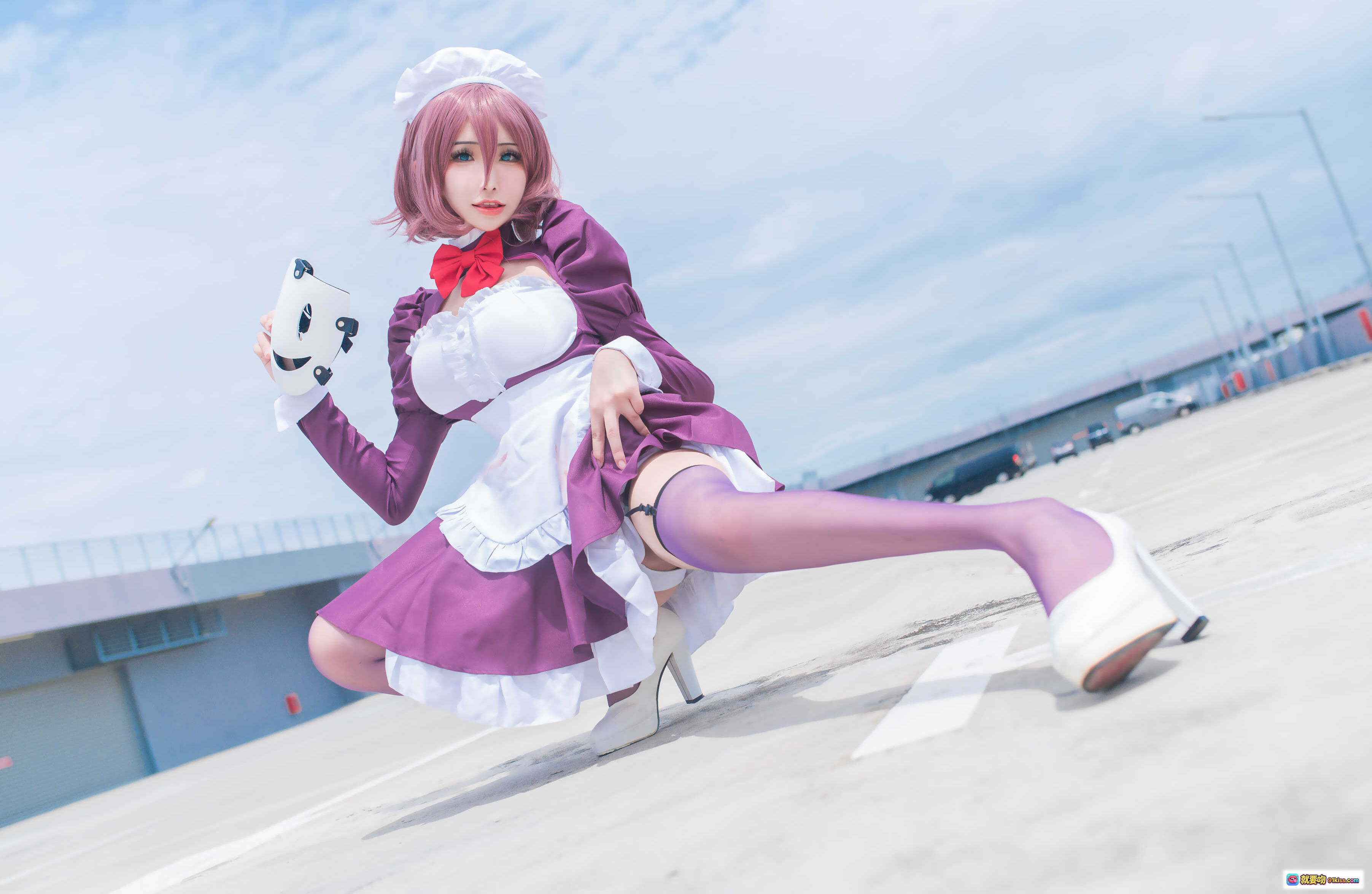图片[3] - 花リリ(Plant Lily) NO.003 女仆装Cosplay 紫色长袖红蝴蝶结 白色围裙沙滩写真 12P高清图集 - 就要吻