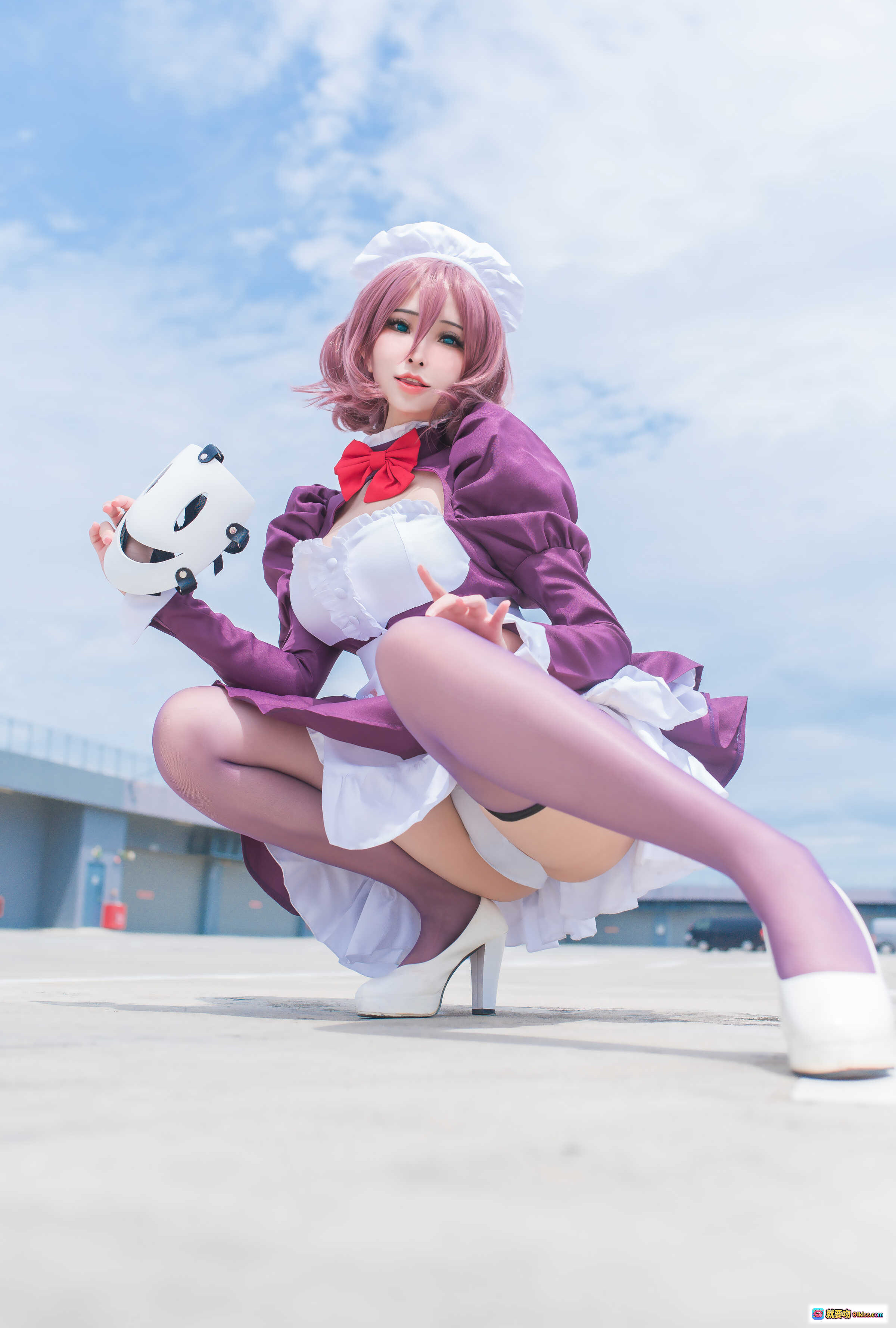 图片[4] - 花リリ(Plant Lily) NO.003 女仆装Cosplay 紫色长袖红蝴蝶结 白色围裙沙滩写真 12P高清图集 - 就要吻