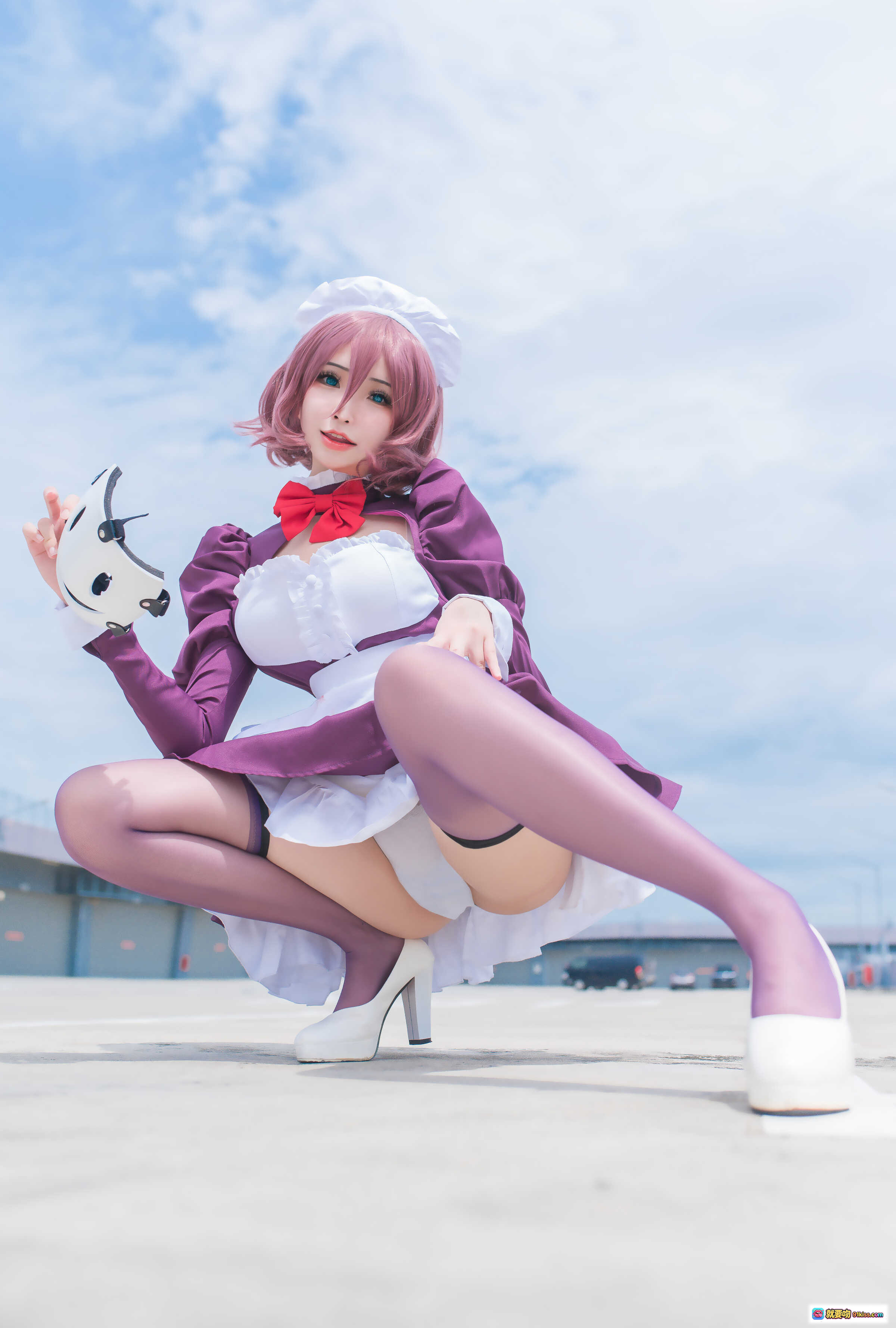 图片[5] - 花リリ(Plant Lily) NO.003 女仆装Cosplay 紫色长袖红蝴蝶结 白色围裙沙滩写真 12P高清图集 - 就要吻