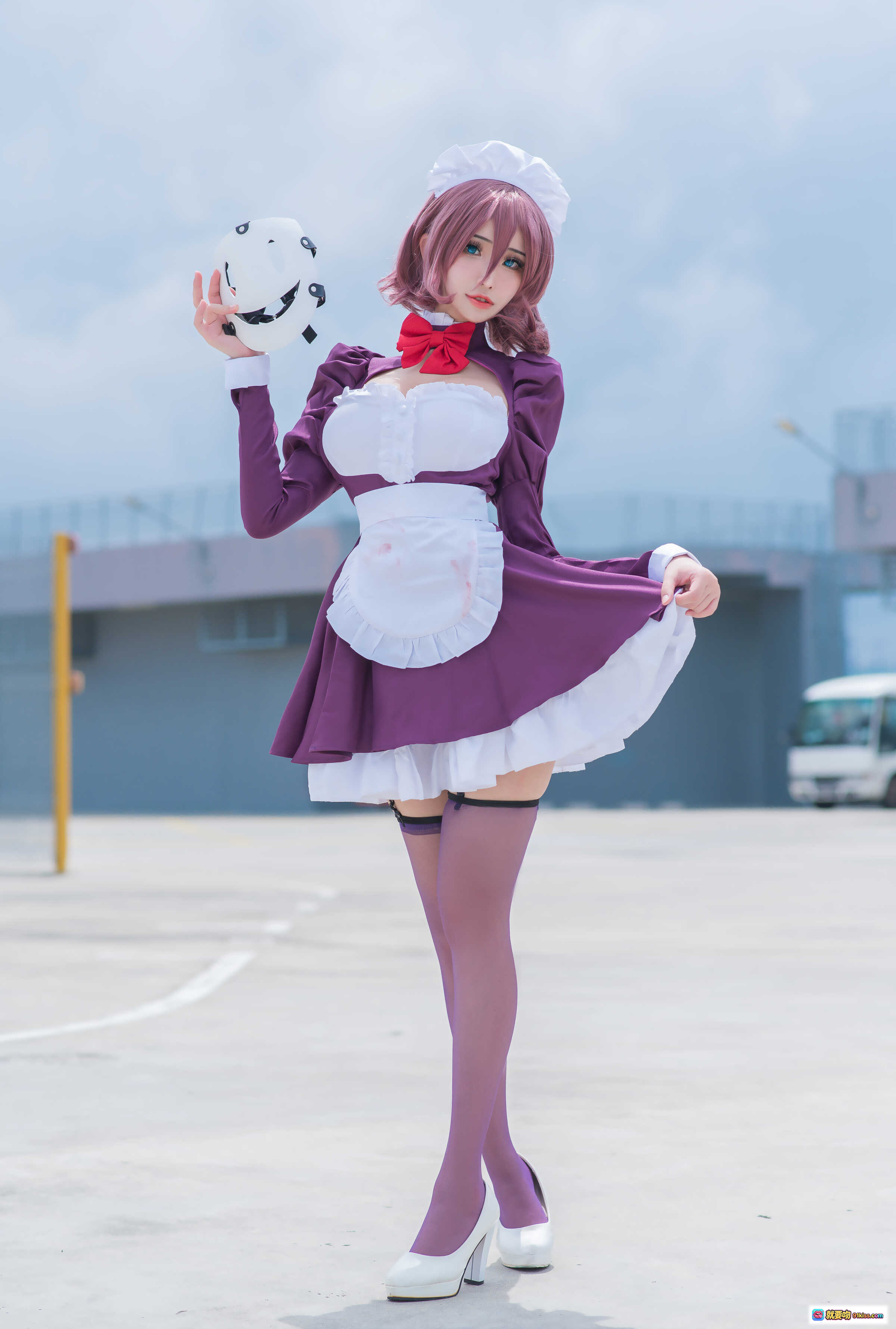 图片[8] - 花リリ(Plant Lily) NO.003 女仆装Cosplay 紫色长袖红蝴蝶结 白色围裙沙滩写真 12P高清图集 - 就要吻