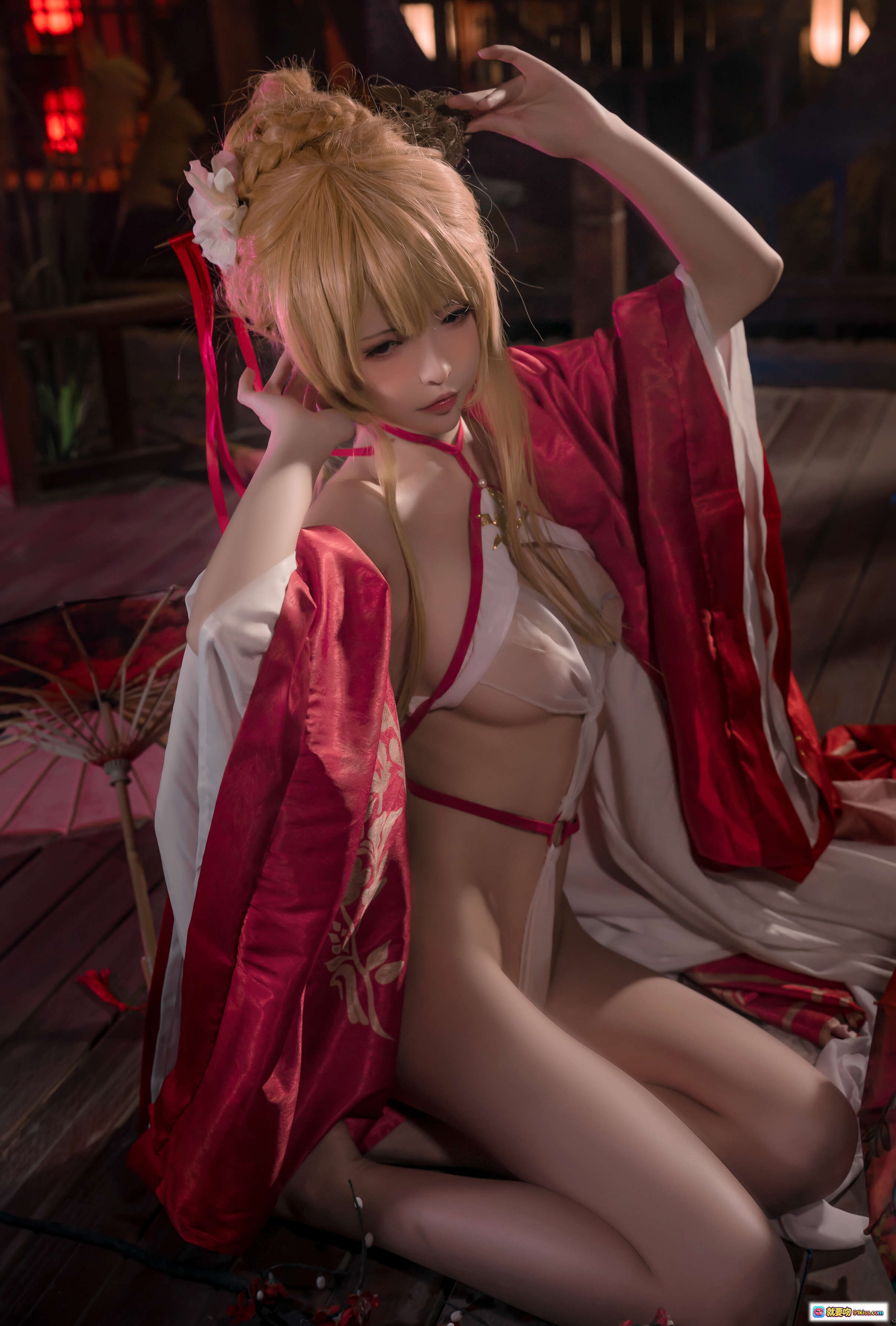 可可老师NO.002碧蓝航线光荣凉夜春雪Cosplay写真 红白和风浴衣性感美腿日系二次元角色扮演50P高清图集 - 就要吻