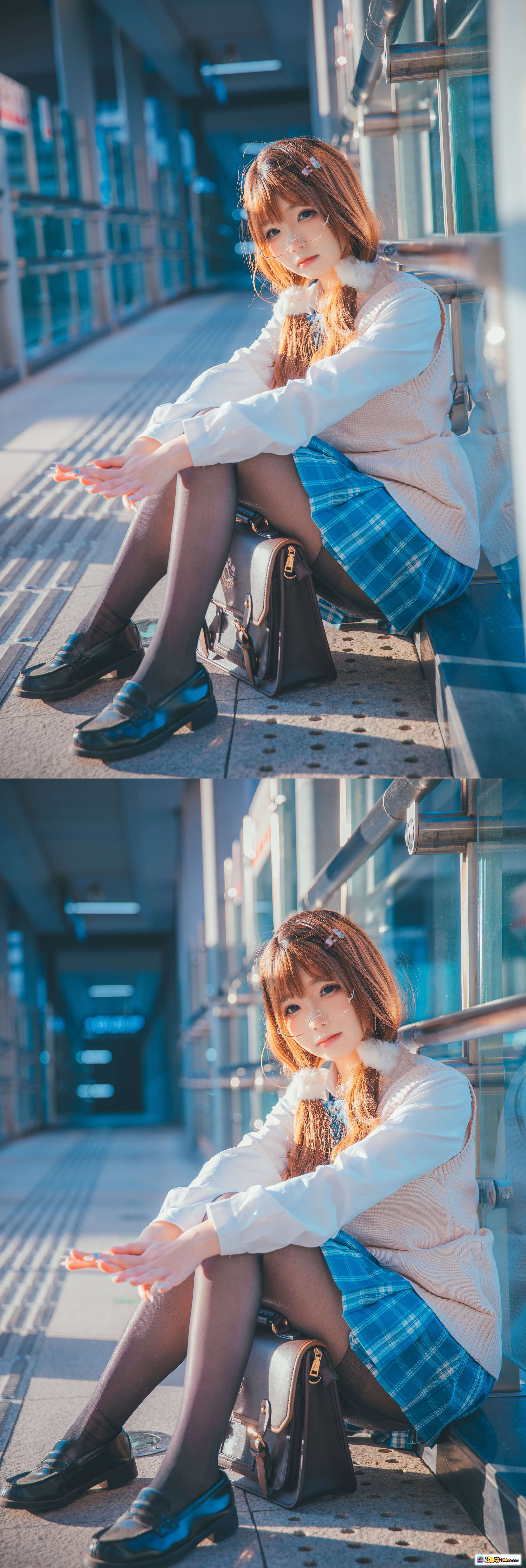 图片[9] - 雪晴Astra NO.038 JK制服少女夕阳街拍写真 蓝格裙黑丝白毛衣校园风日系美少女摄影集 - 就要吻