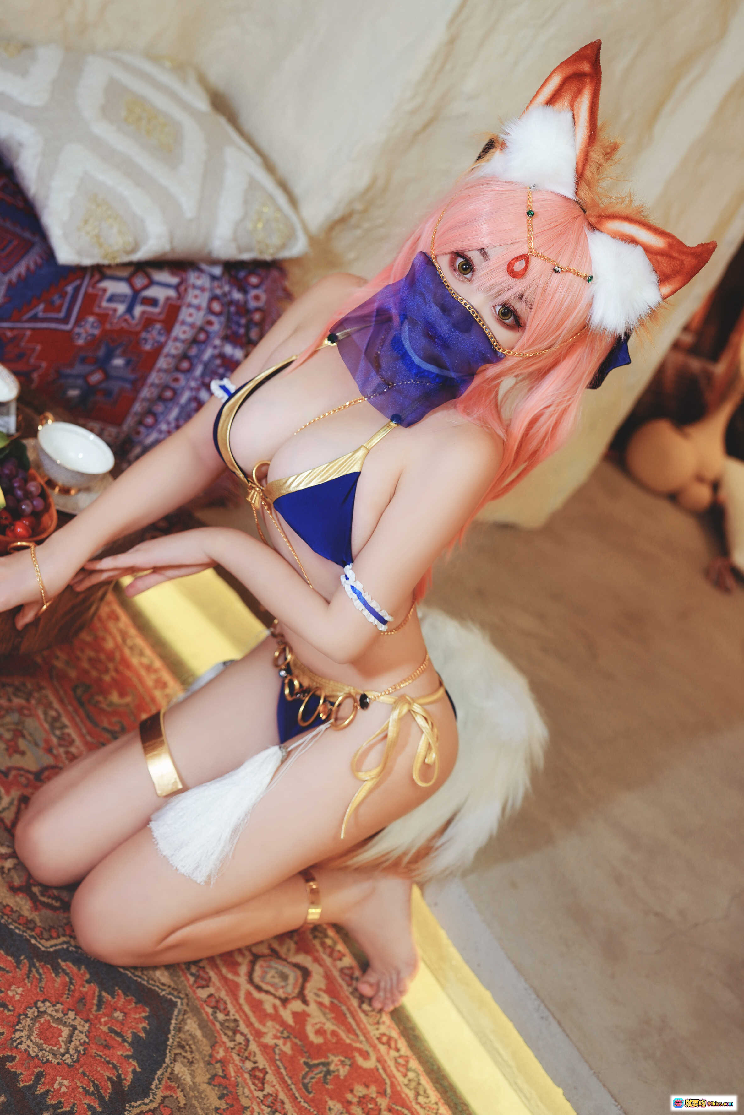 图片[9] - 恩田直幸NO.003玉藻前舞娘Cosplay写真｜粉发狐耳蓝纱面罩性感造型｜9P高清美图 - 就要吻