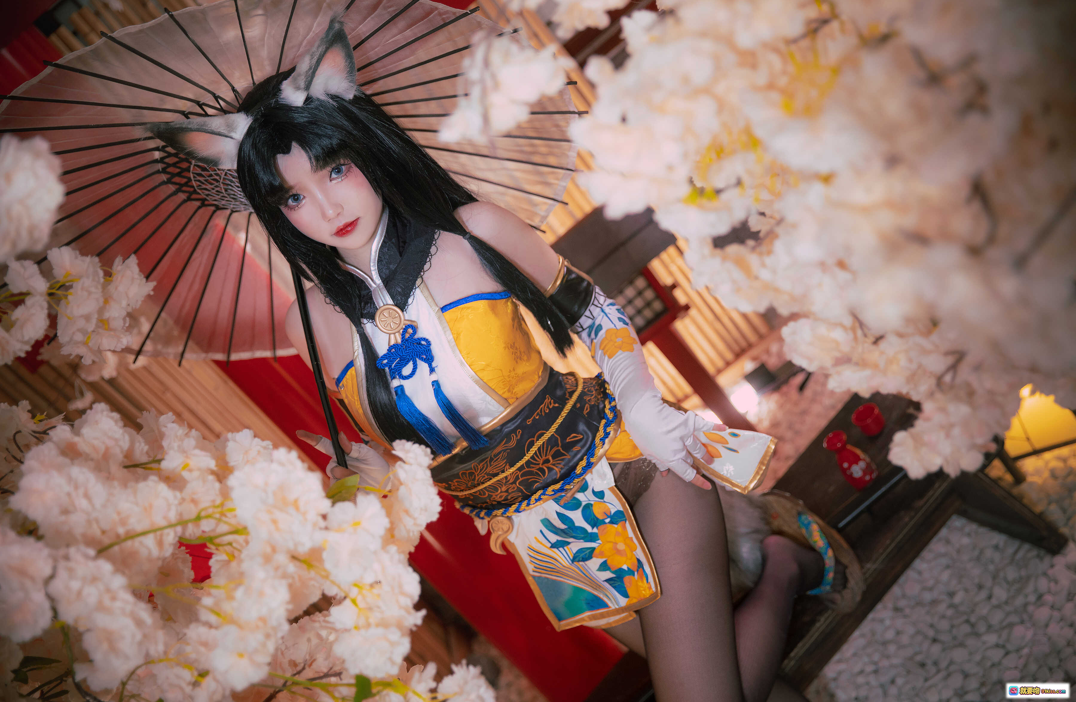 图片[9] - 雪晴Astra NO.034 永劫无间cos黑胡桃 狐耳和风装束持刀跪坐 樱花竹帘日式场景写真 - 就要吻