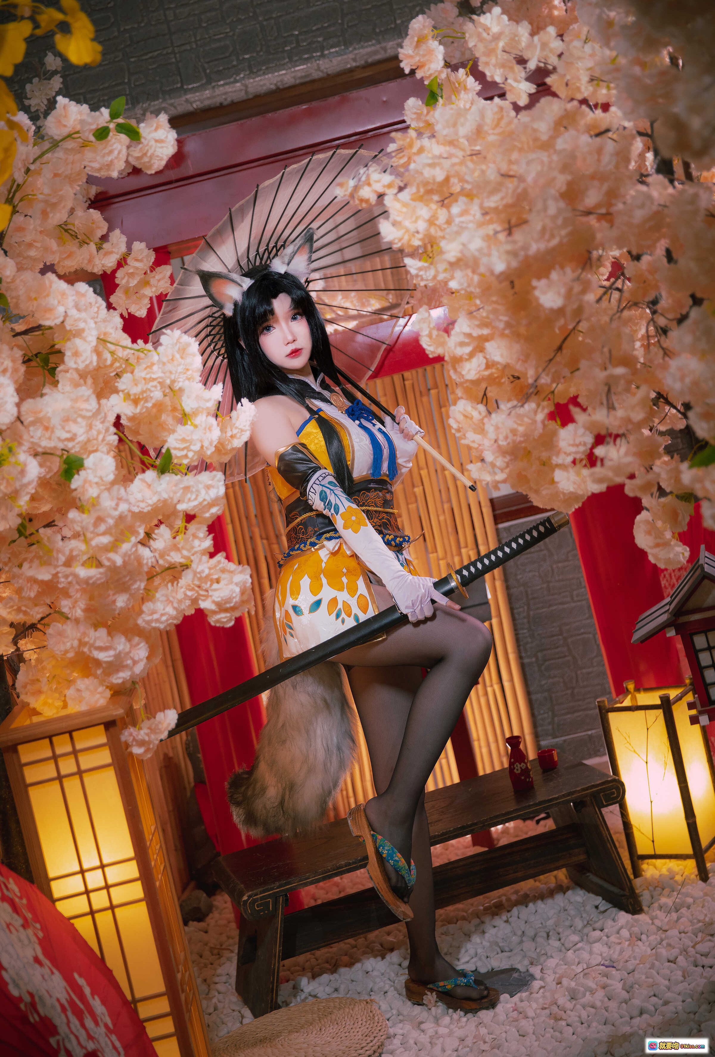 图片[6] - 雪晴Astra NO.034 永劫无间cos黑胡桃 狐耳和风装束持刀跪坐 樱花竹帘日式场景写真 - 就要吻