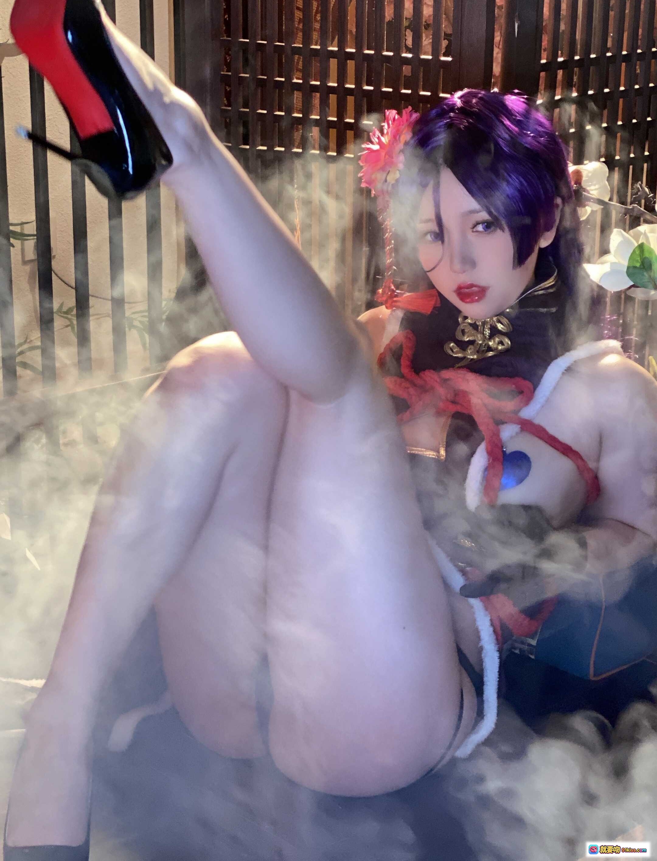 图片[3] - 北亦北NO.017奶光新春旗袍Cosplay紫发花饰红绳蕾丝黑手套古风写真42P - 就要吻