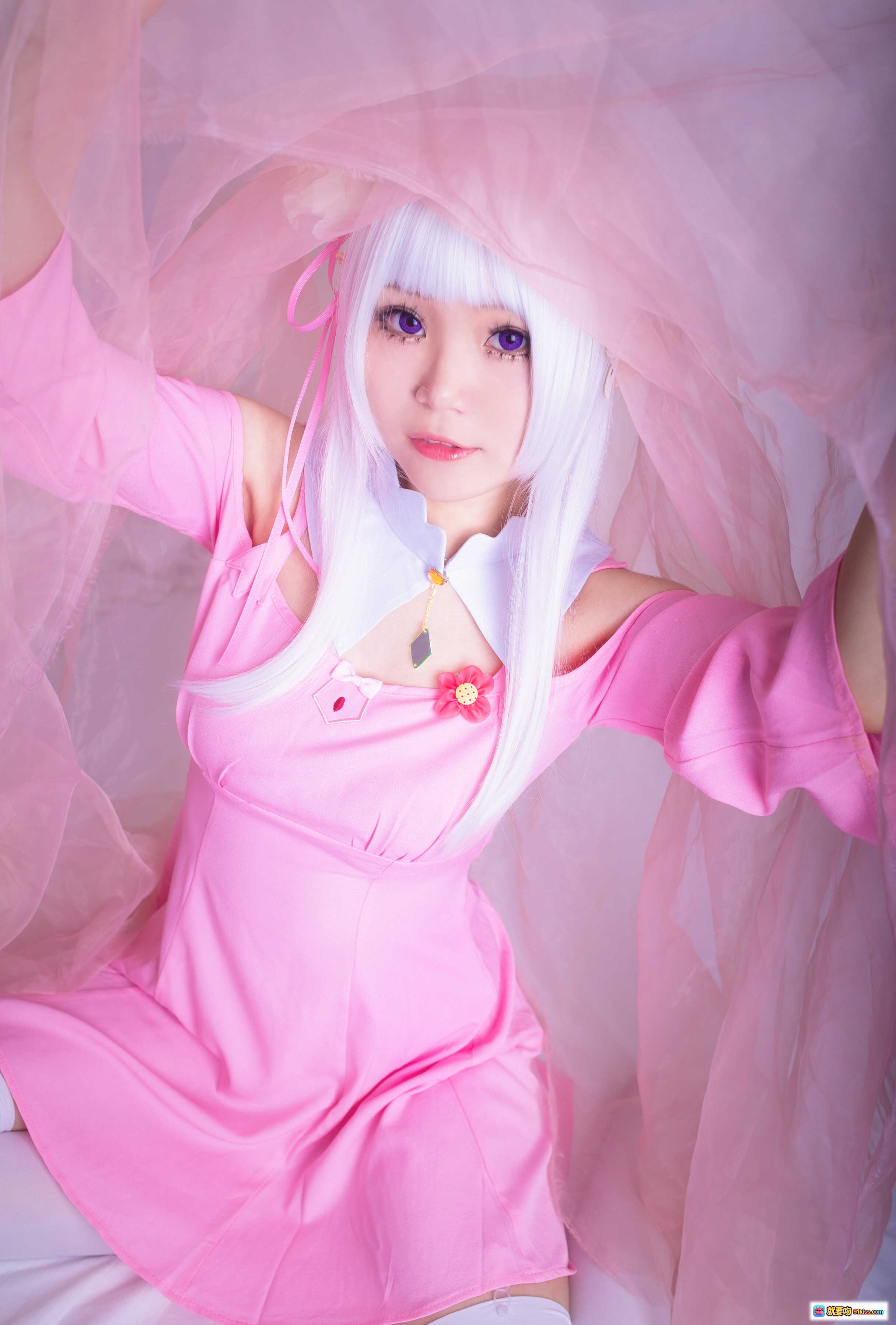 图片[1] - Yoko宅夏NO.024艾米莉娅cosplay粉裙白发紫瞳少女写真14P高清美图 - 就要吻