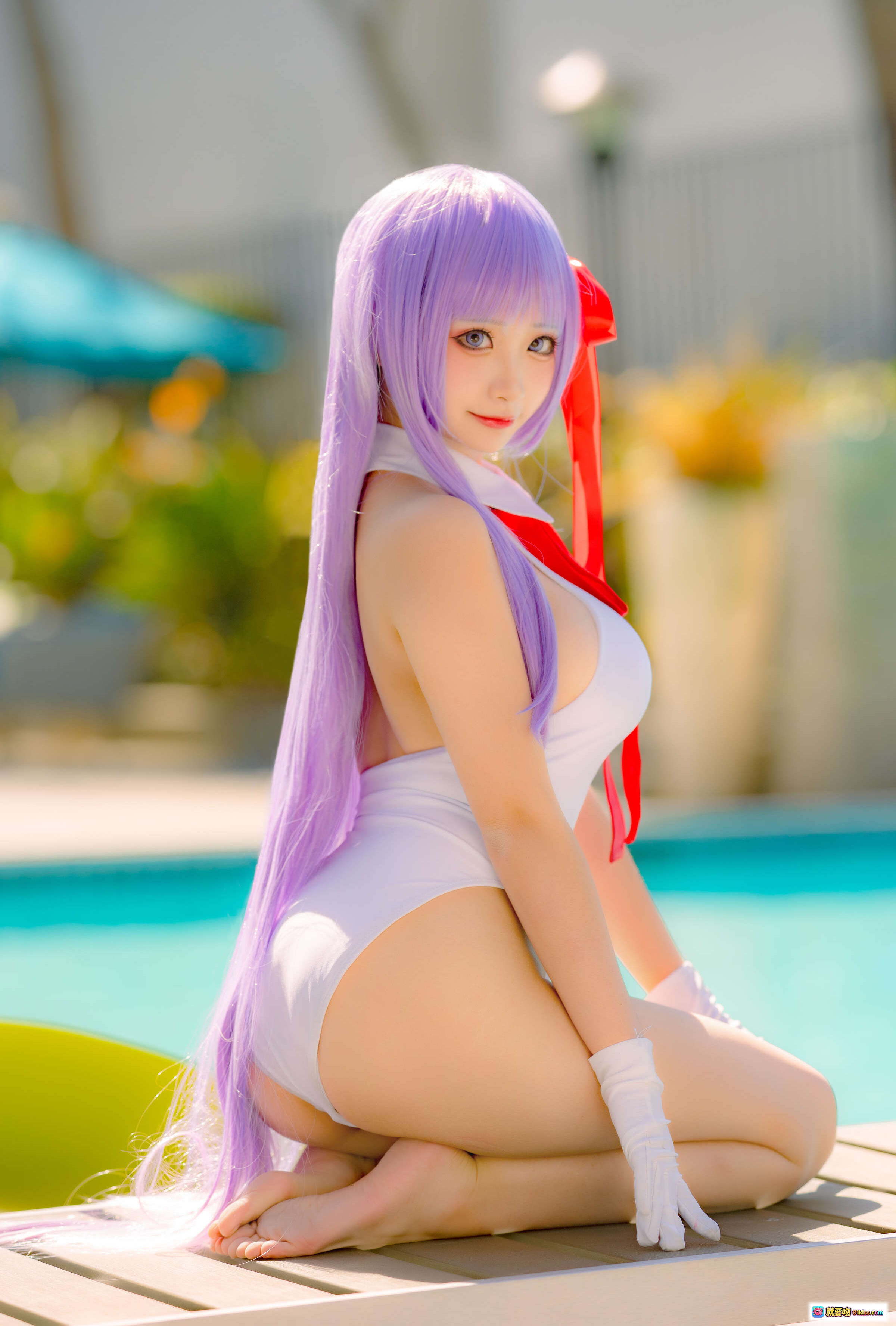 图片[8] - wendydydydy_酱油 NO.001 FGO水着泳装cosplay紫发红蝴蝶结泳池边美少女写真8P16MB - 就要吻