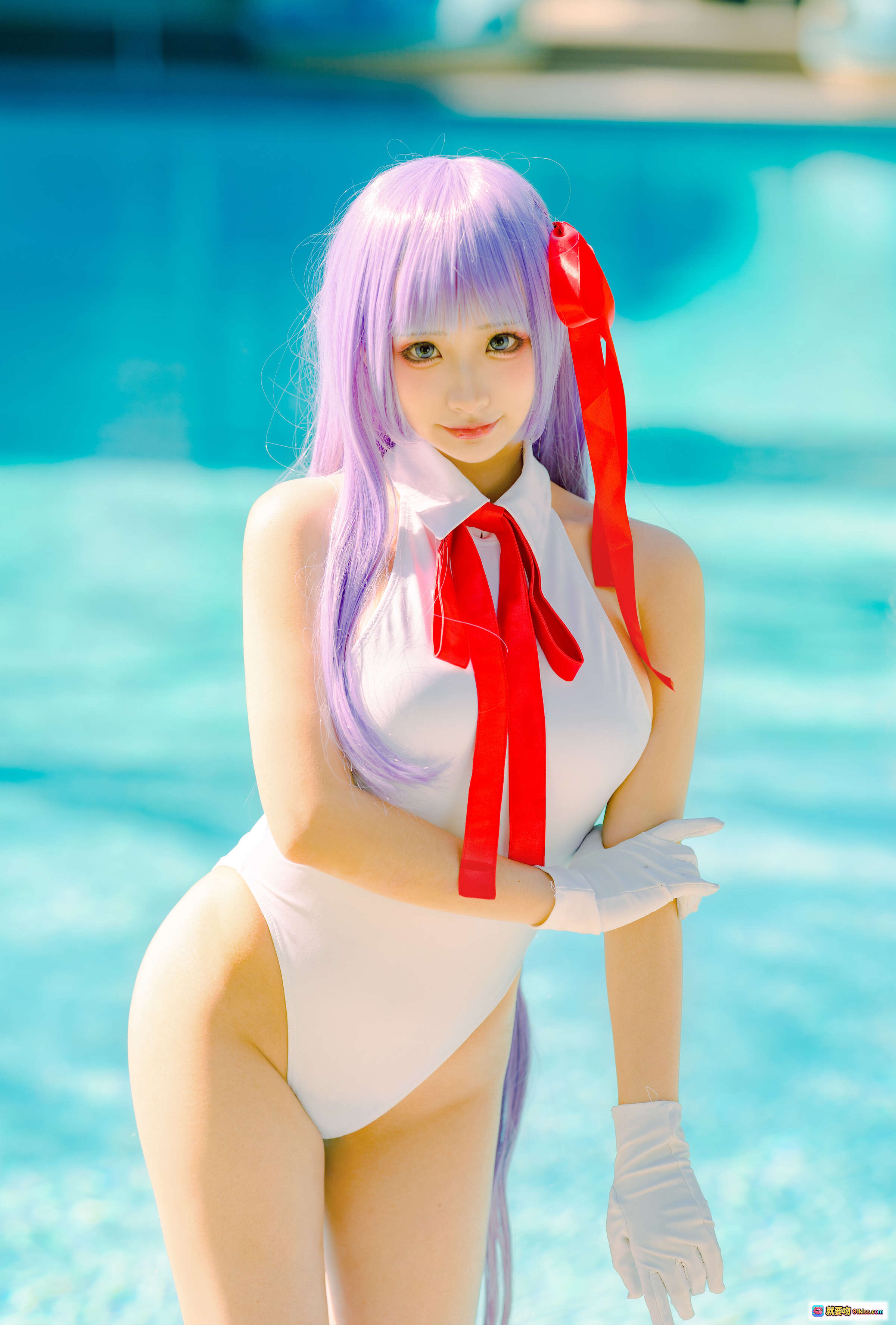 图片[2] - wendydydydy_酱油 NO.001 FGO水着泳装cosplay紫发红蝴蝶结泳池边美少女写真8P16MB - 就要吻