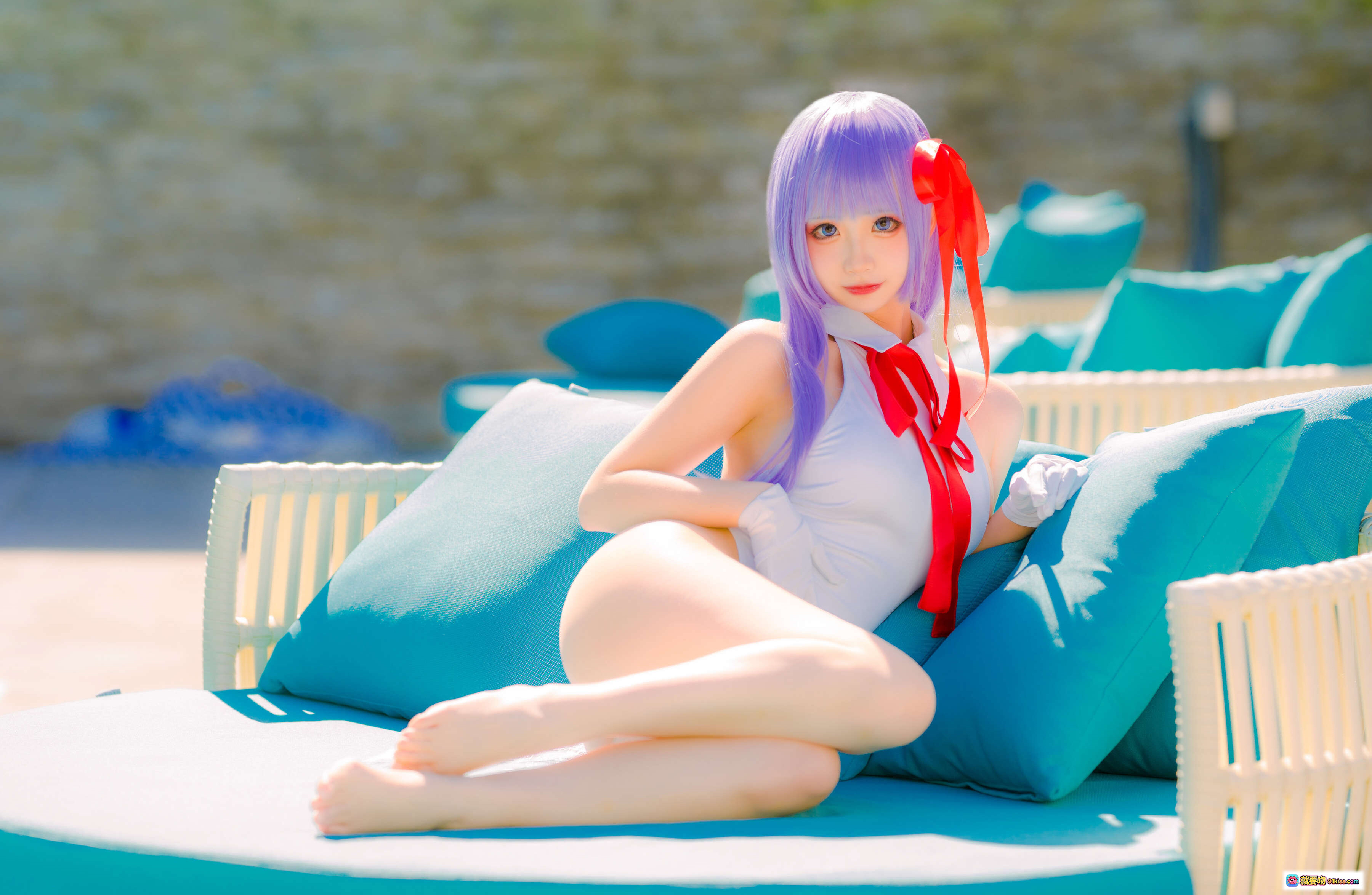 图片[5] - wendydydydy_酱油 NO.001 FGO水着泳装cosplay紫发红蝴蝶结泳池边美少女写真8P16MB - 就要吻